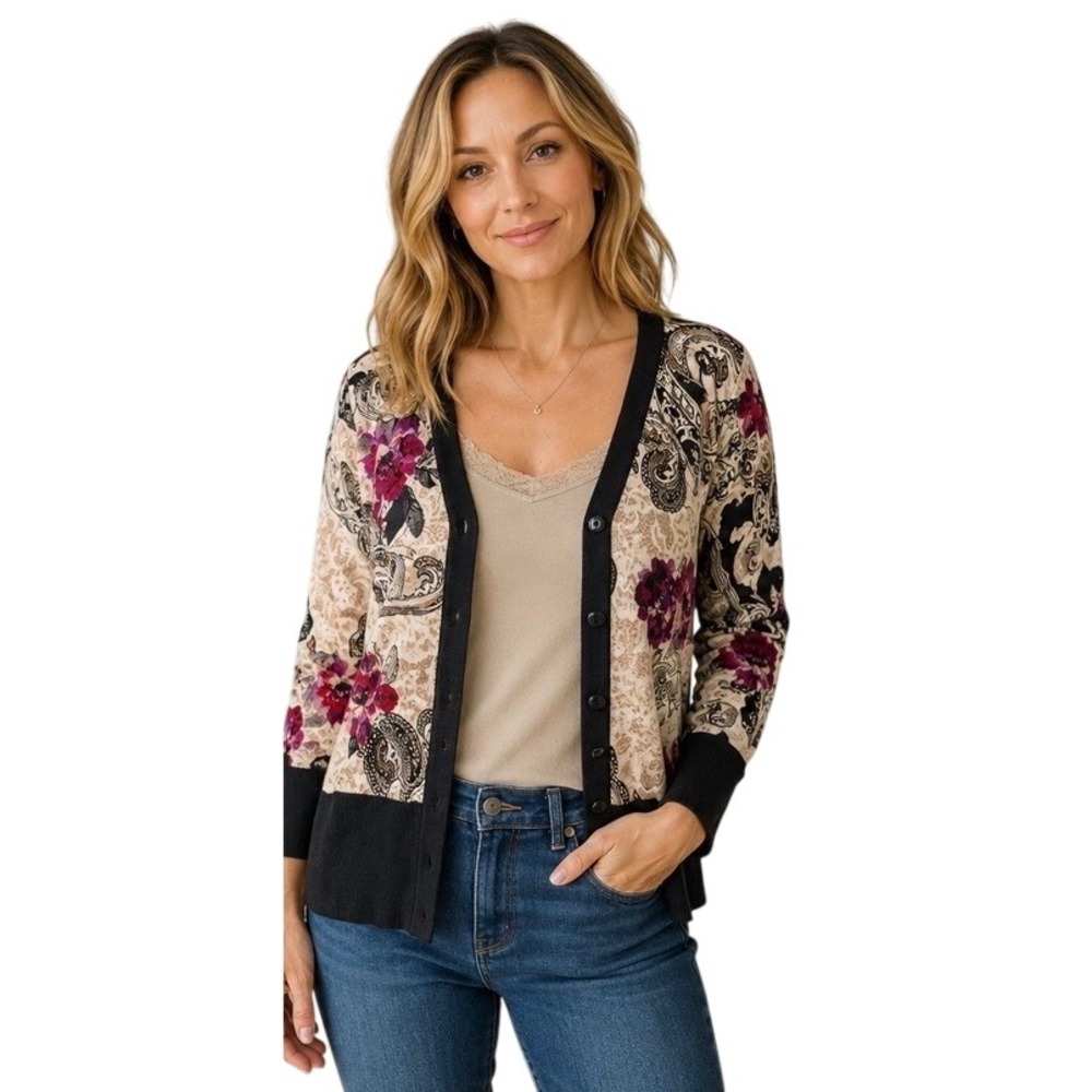 White House Black Market Floral Paisley Snap Front Cardigan Sweater XS Black